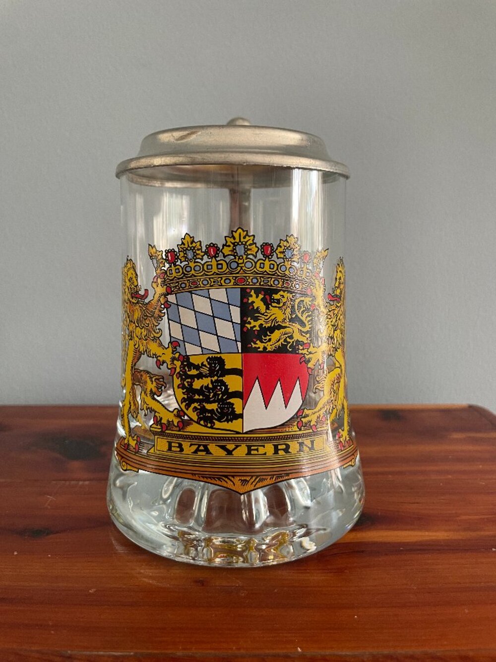 Vintage Bayern Bavarian Germany Beer Stein Pewter Lid Glass Lion Coat of Arms